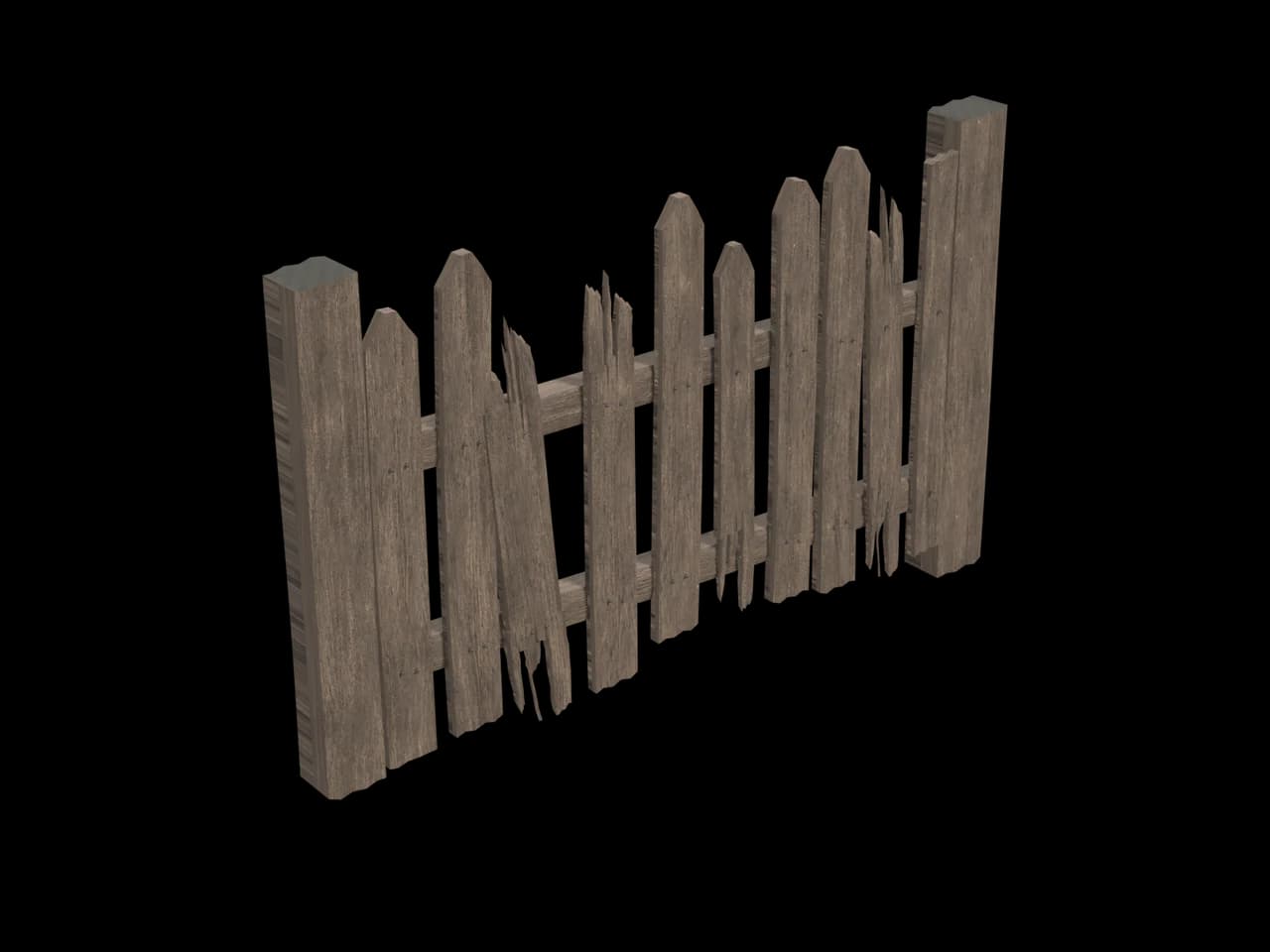 Broken Wooden Fence, realistic 3D model, GLB